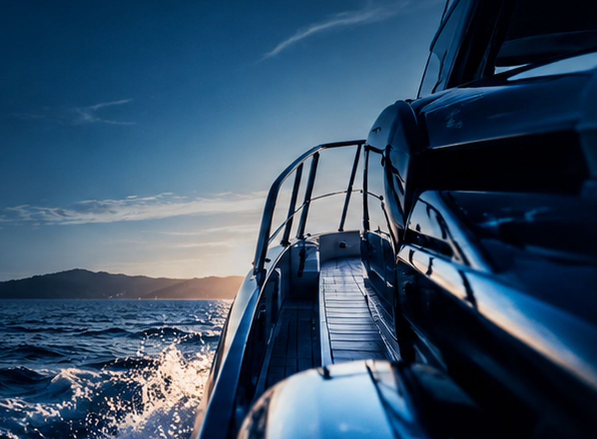Bug einer Yacht in Fahrt bei Sonnenuntergang